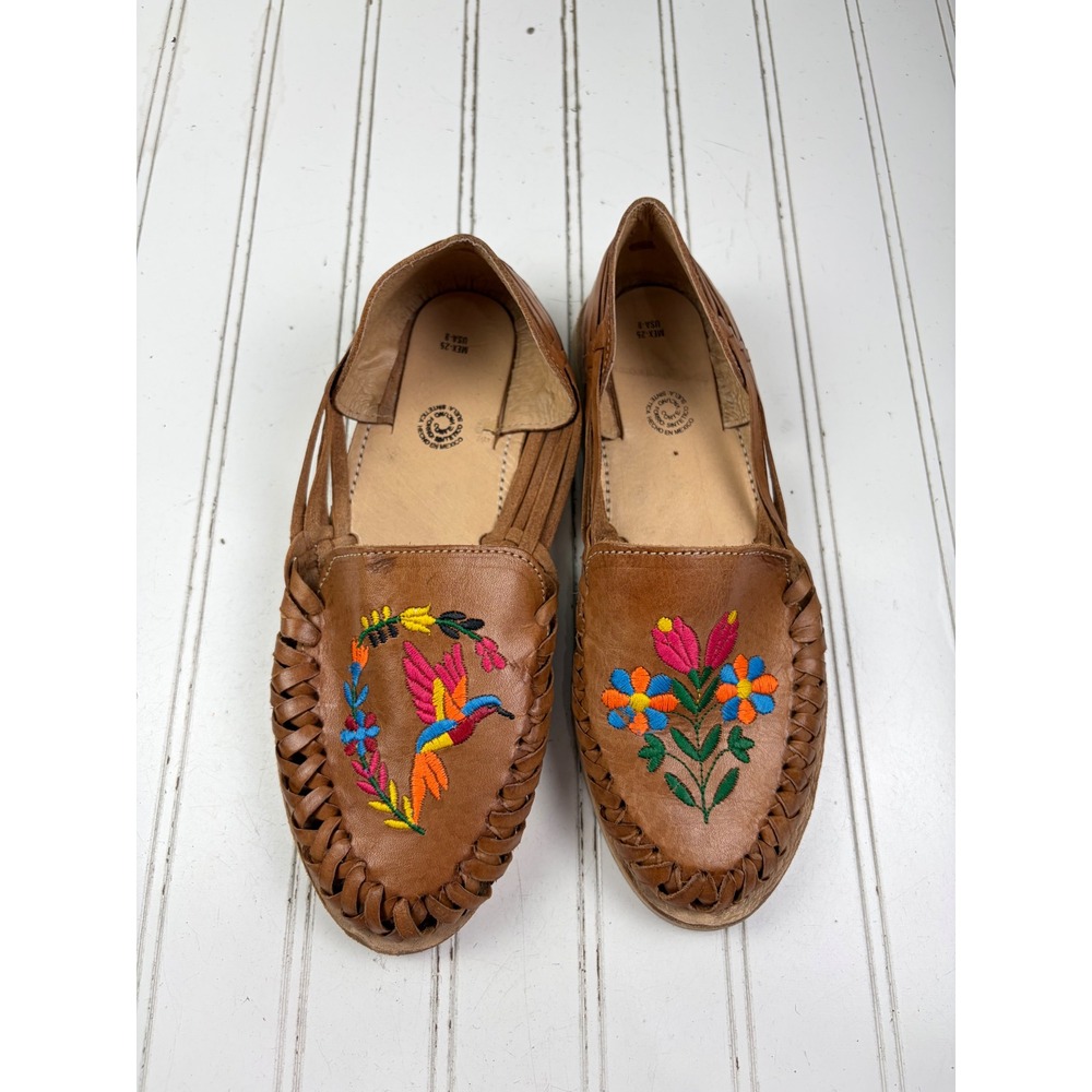 Artisan Mexican Leather Floral Embroidery Comfort Flats Huaraches Women's Size 8 - Picture 2 of 10